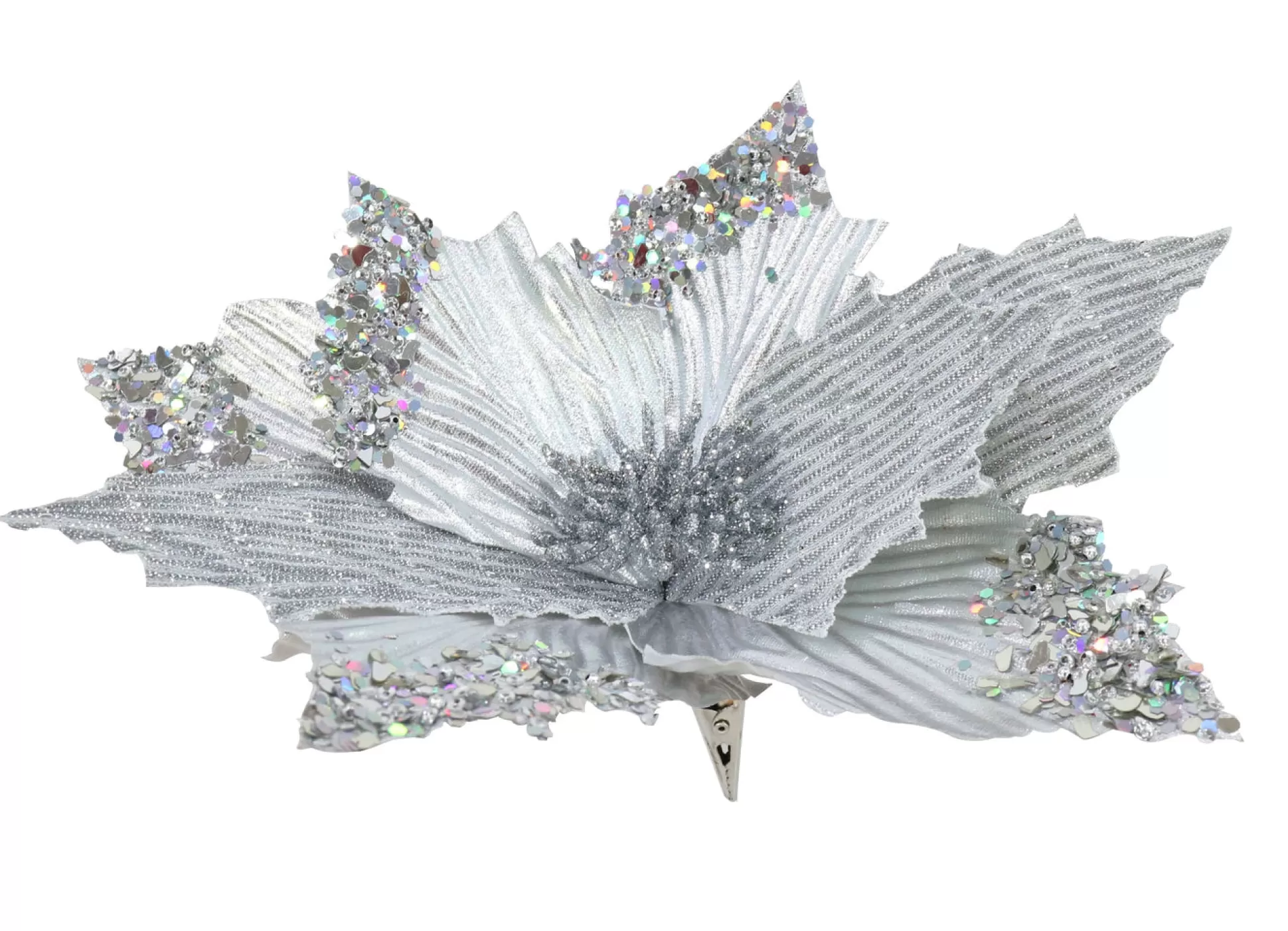 Magical Winter Wonderland>Christmas World Clip On Silver Poinsettia With Sequins And Glitter (30Cm)