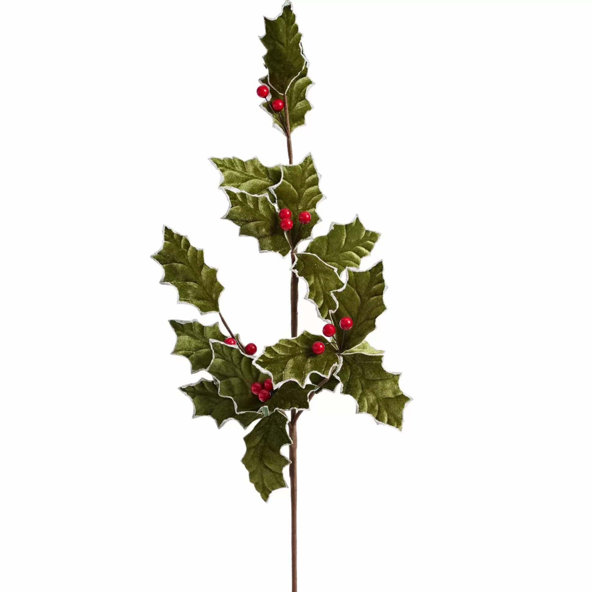 Traditional & Berry>Christmas World Green Velvet Holly And Berry Stem (80Cm)