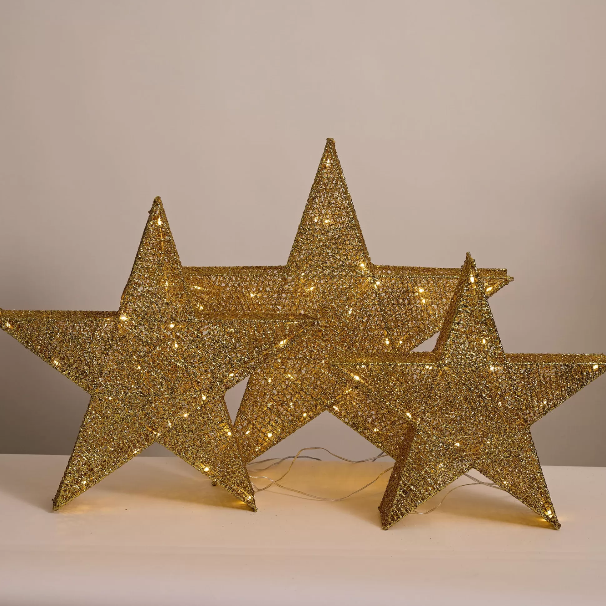 3D & 2D Displays>Christmas World Led Gold Glitter Thread Nested Stars (3Pc)