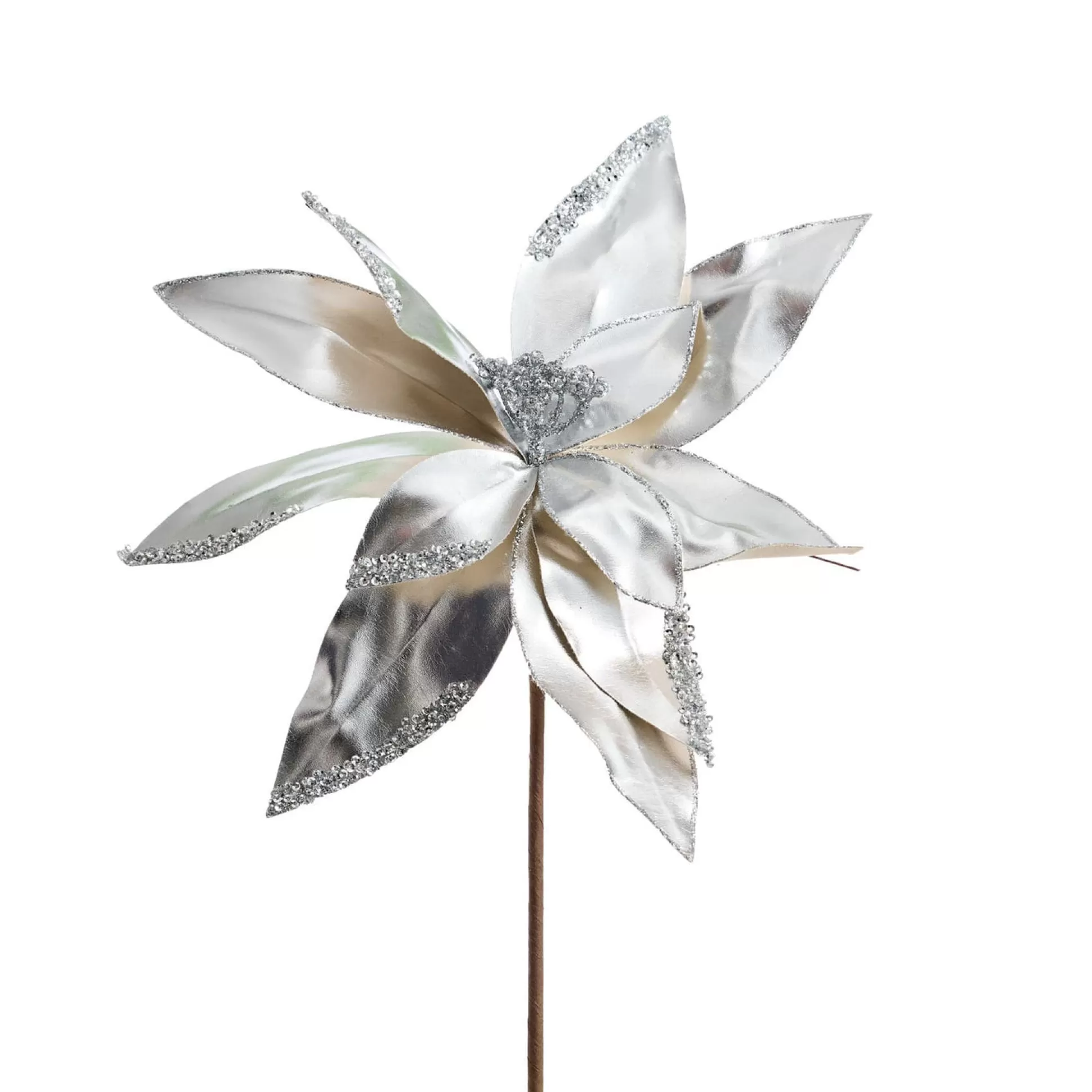 Magical Winter Wonderland>Christmas World Platinum Silver Poinsettia Stem (45Cm)