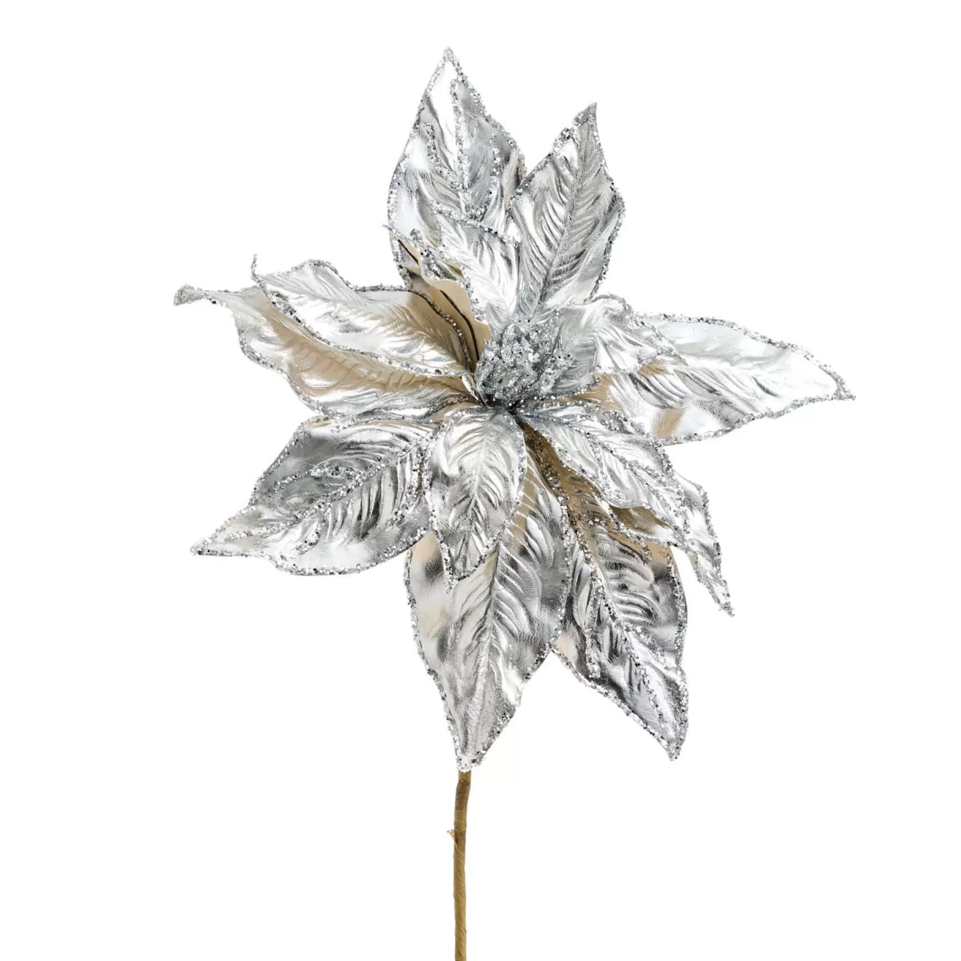 Magical Winter Wonderland>Christmas World Platinum Silver Poinsettia Stem (45Cm)