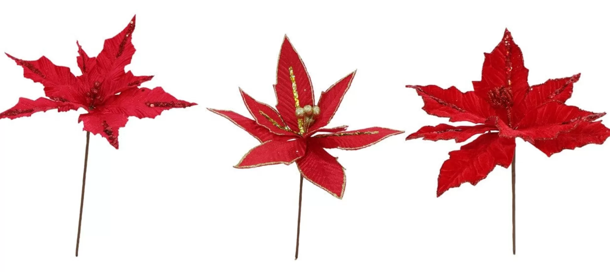 Pick & Berries>Christmas World Red Mix Velvet Poinsettia Pick (30Cm)