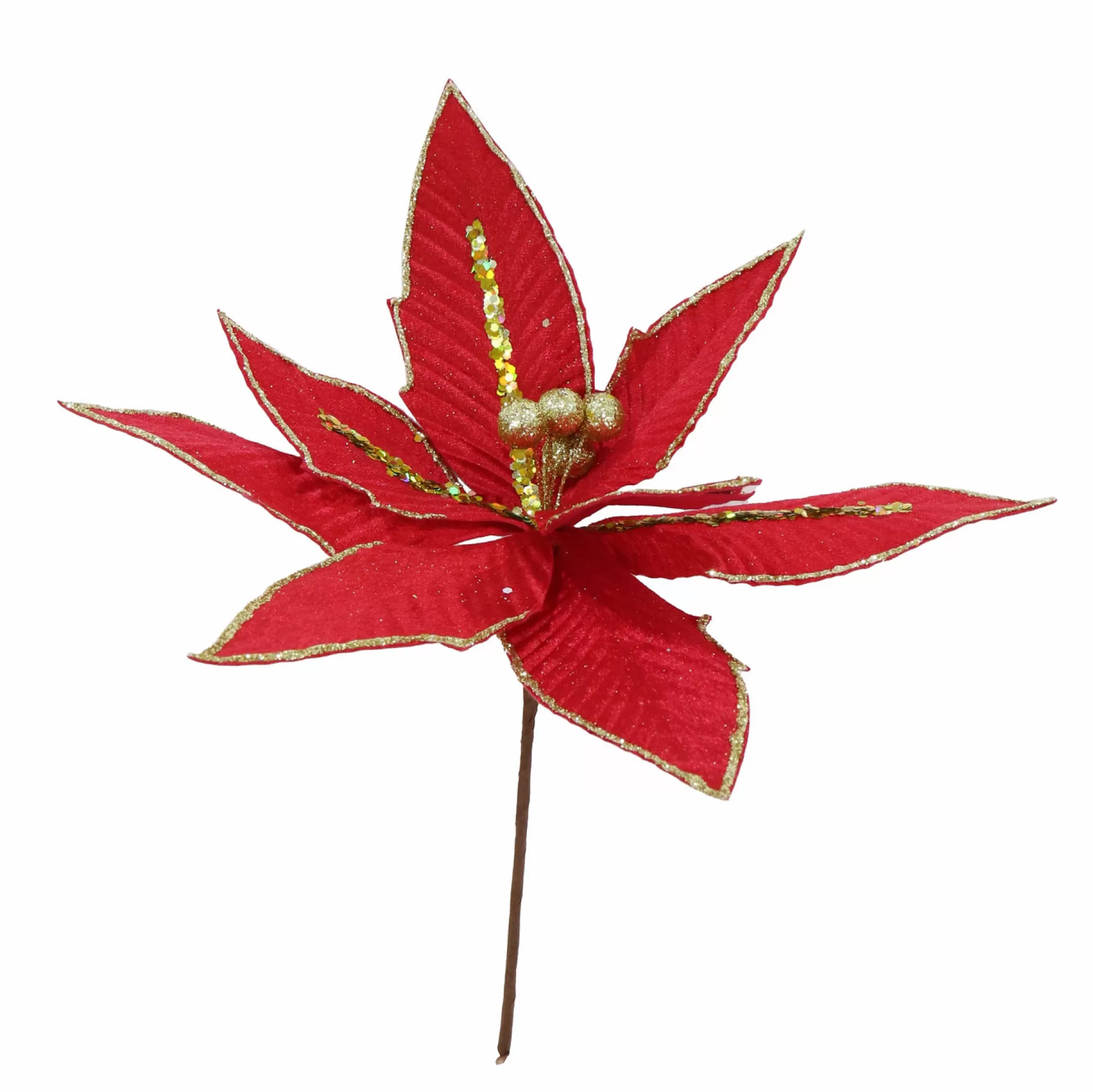 Pick & Berries>Christmas World Red Mix Velvet Poinsettia Pick (30Cm)