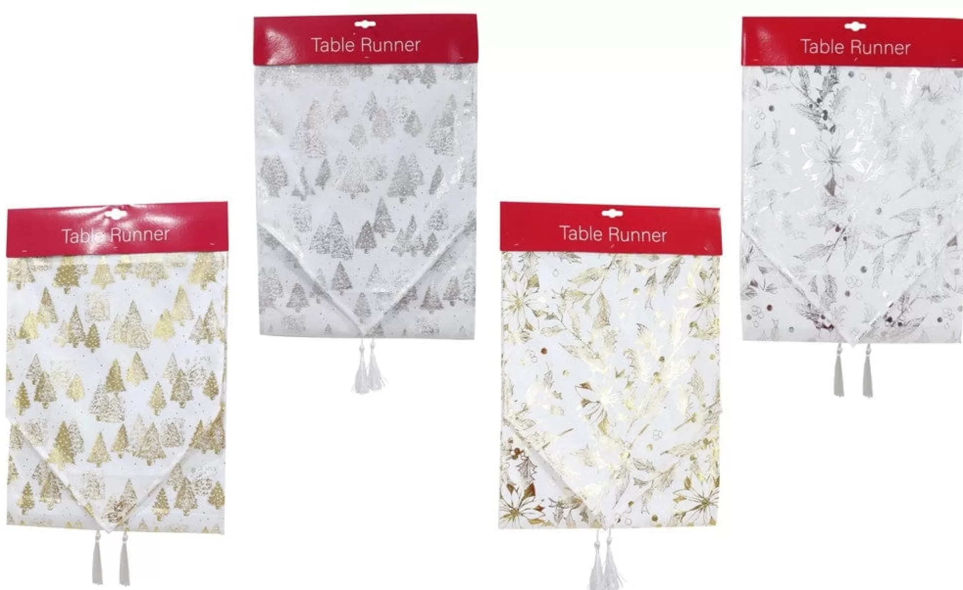 Touch Of Elegance>Christmas World White Foil Runner Asst (180Cm) - Gold Trees